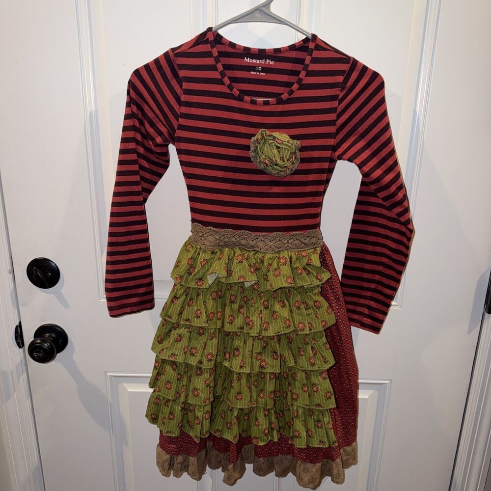 Mustard Pie Girls Dress Size 10 Boho stripes Patchwork Lace Ruffled Skirt